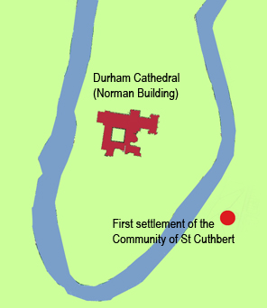 Map showing the place where the community of St Cuthbert is thought to have first settled in Durham when they arrived in 995. 